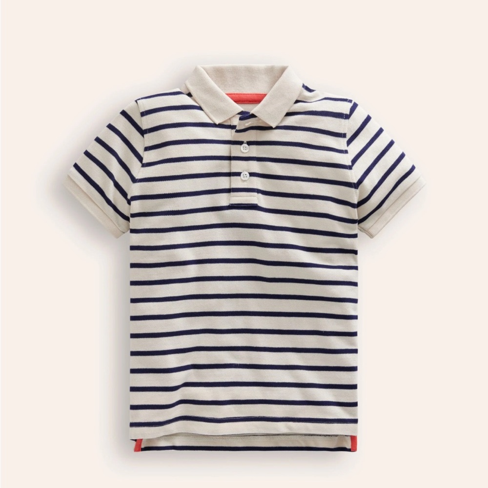 Boden Boys’ Pique Polo (navy & ivory stripes)